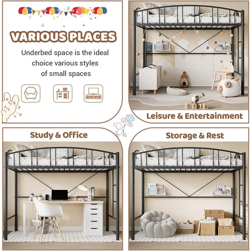 Loft Bed Twin Size with Ladder and High-Arched Guardrail, Sturdy Metal Slats, Space-Saving Design, Modern Decor Style, Easy Assembly