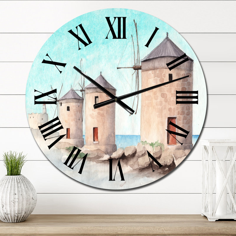 Paysage avec trois moulins à vent - Horloge murale industrielle, Moyen