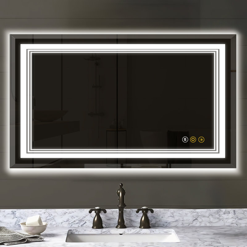 Miroir de salle de bain mural Abriele avec lumières DEL, 3 lumières en mode couleur, désembueur, fonction mémoire, gradateur