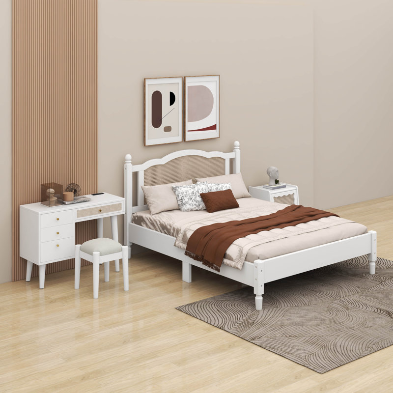 Wooden Vintage Platform Bed with Natural Rattan Headboard, White, Queen
