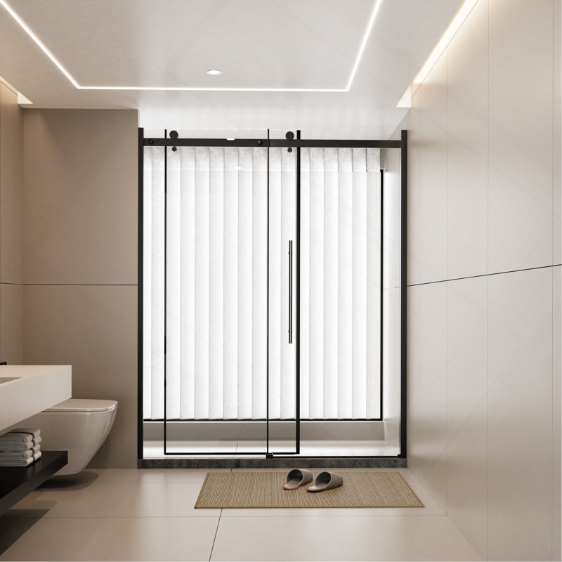 60.in W x 72.in H Frameless Shower Door Single Sliding, 1/4 inch Thick Clear Tempered Glass Shower Door with Zinc Roller Rail System, Stainless Steel Handle, Black