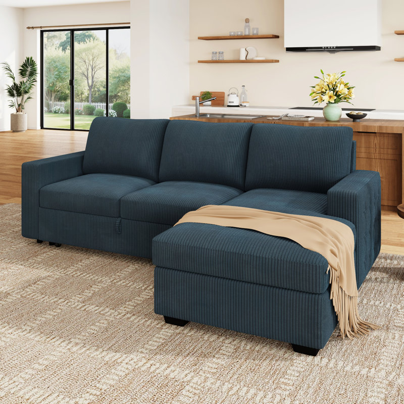 Rundey L Shaped Corduroy Sleeper Upholstered Sectional Sofa Couch, Blue Corduroy 