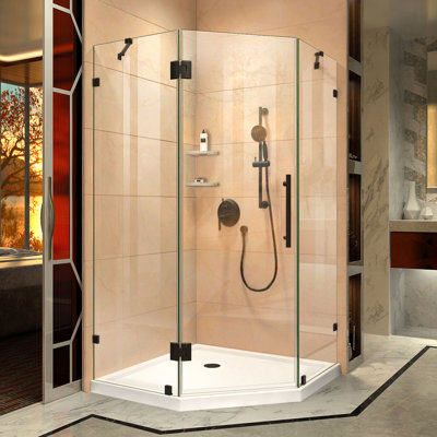 DreamLine Prism Lux 42 inch D x 42 inch W x 74 3/4 inch H Frameless Neo-Angle Hinged Shower Enclosure in Oil Rubbed Bronze with White Shower Base Kit