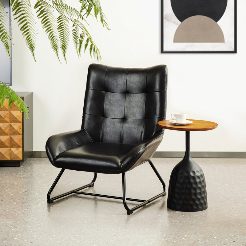 Fauteuil à oreilles Mid-Century moderne en similicuir noir avec pieds en métal