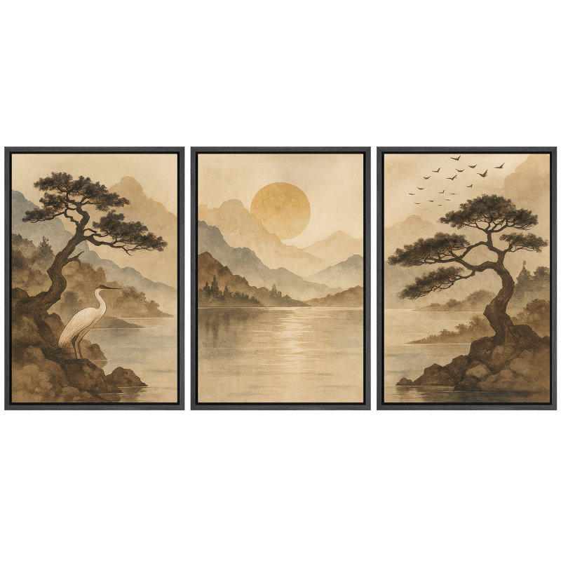 Sépia, grue, paysage et pins, vue sur le lac, reproduction d'art sur toile, 3 pièces, H 36 po x l 72 po x P 1,5 po