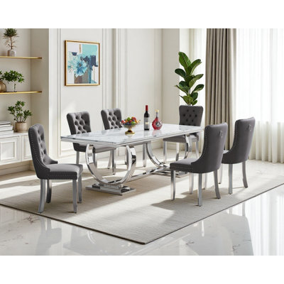 Luxury 68" Dining Table Set for, White Faux Marble Dining Table with Velvet Dining Chairs, Modern Kitchen Table and Chairs Set, Luxury Dining Table Set for Kitchen Dining