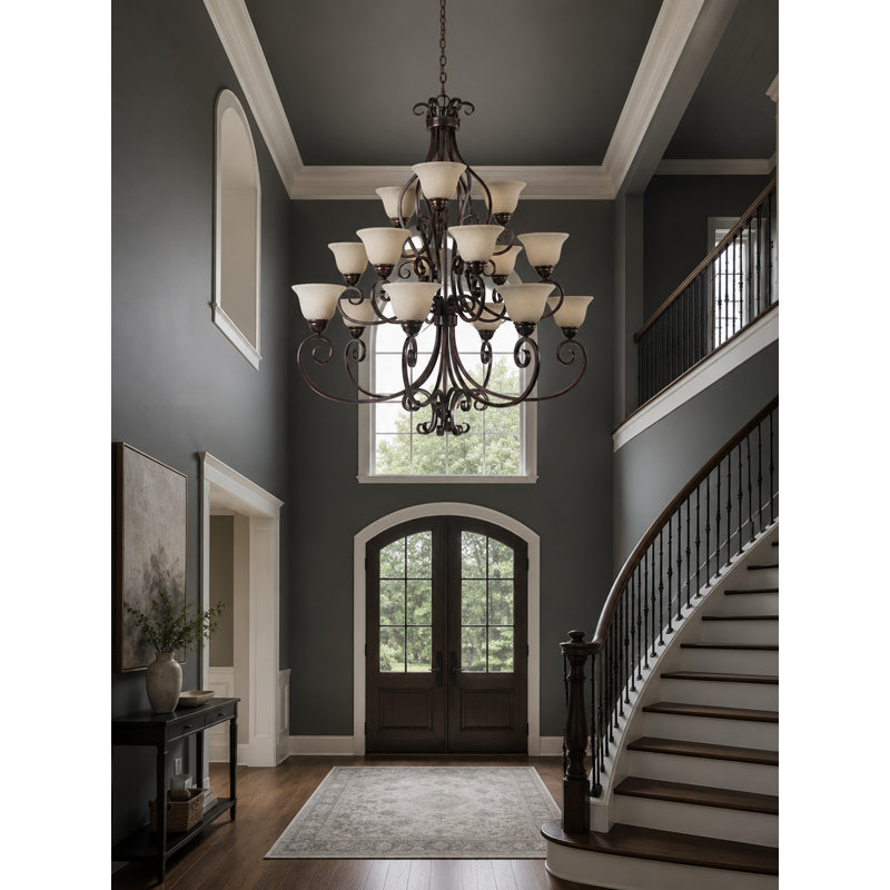 15-Light Dimmable Steel and Glass Tiered Chandelier, Oil Rubbed Bronze