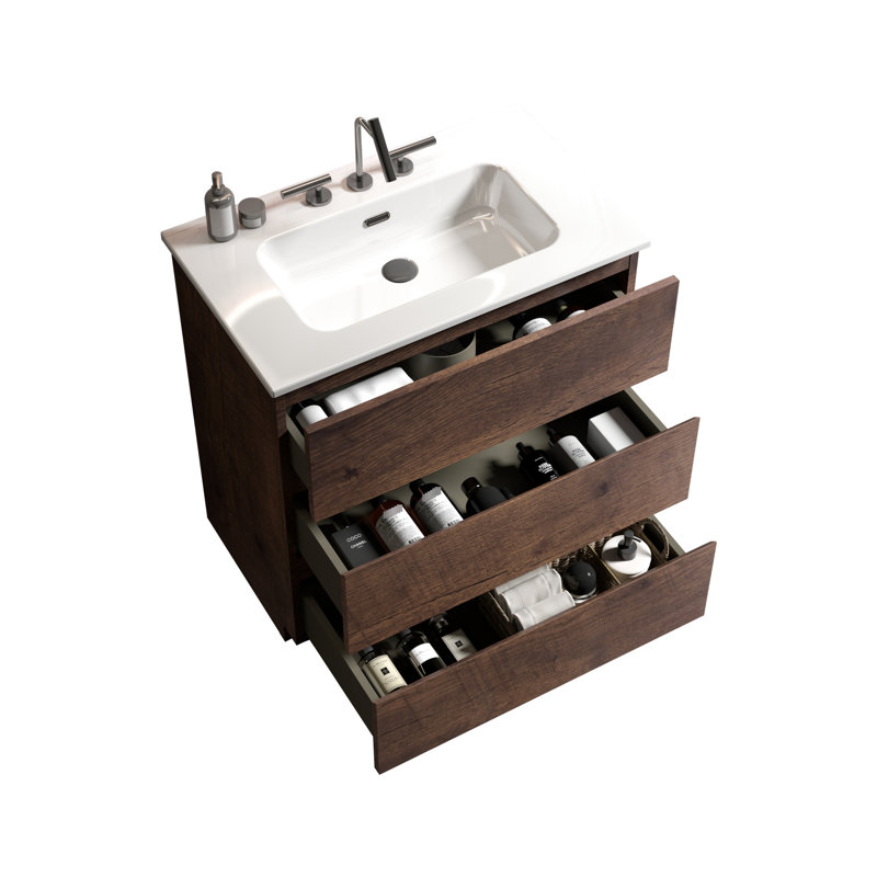 Walnut Bathroom Vanity With Sink. Enlarged Storage, Silent Function. Ergonomic Handle- Outlook. White Basin. Pre-Assembled Sink . Copious Inner Space, Running. Appearance.