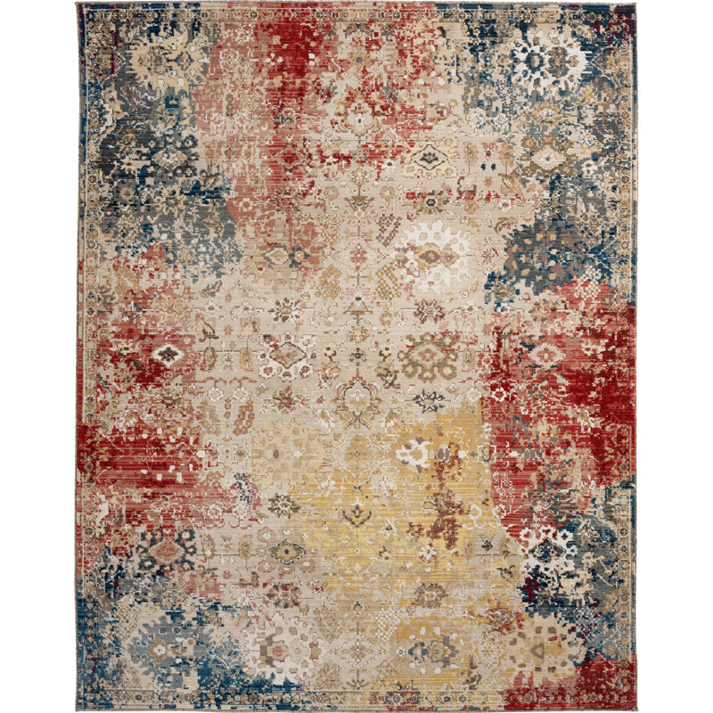 Balthazar Abstract Area Rug in Red/Ivory/Blue/Gold, Runner 2'6" x 8'