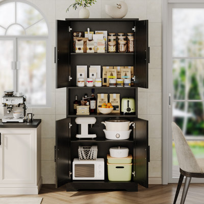 Black Ash 70 Inch Four Door Tall Storage Cabinet with Open Display Cubby for Living Room Dining Room Home Office Pantry Organization Furniture with Adjustable Shelves and Modern Style