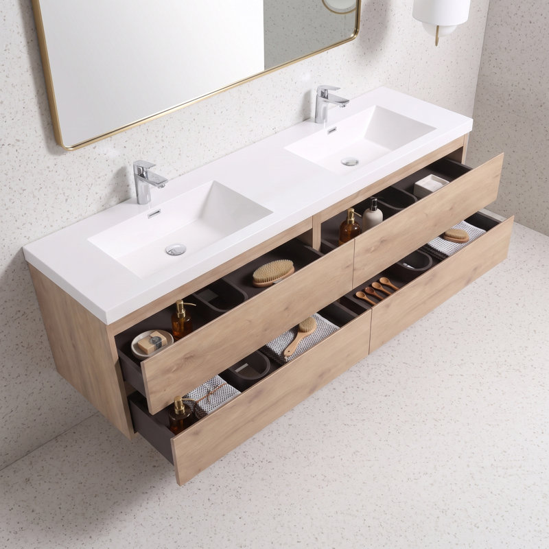 Meuble-lavabo suspendu de 72 po en mélamine en bois avec 2 lavabos intégrés en résine, armoire de salle de bain en bois naturel avec 4 tiroirs à fermeture douce et poignées supprimées