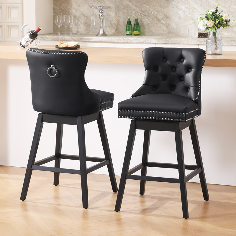 Swivel Bar Stools Set of 2, PU Leather Bar Chairs with Button Tufted Front and Ring Pull Back, 30" Bar Height Stools with Solid Wood Legs for Kitchen Island or Bar, Black