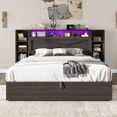 Shila 45.1" Lift Up Storage Bed Frame with Charging Station, LED Bookcase Headboard & 2 Side Shelf,Queen Size, Black