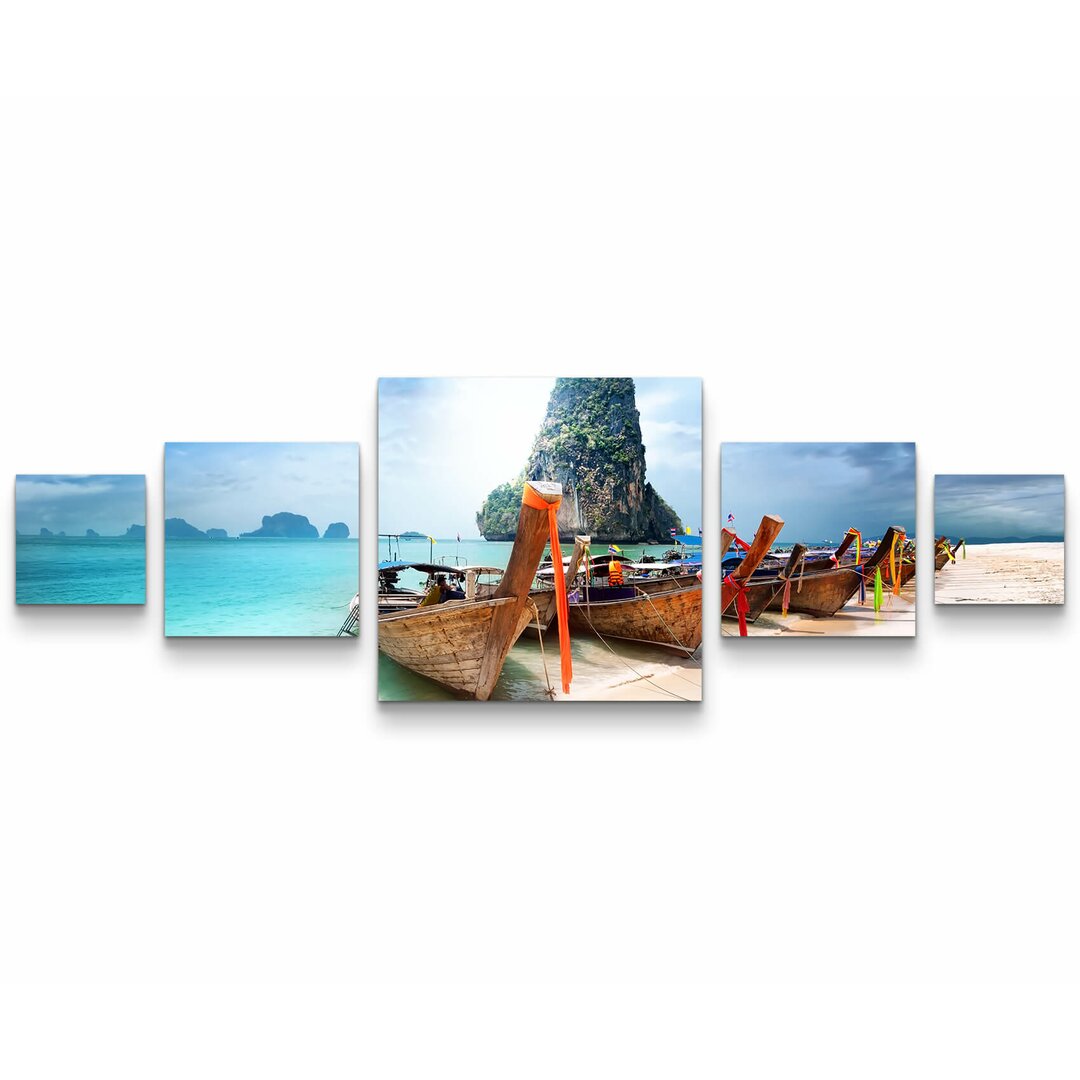 5-tlg. Leinwandbilder-Set Paradiesischer Sandstrand mit Booten - Thailand