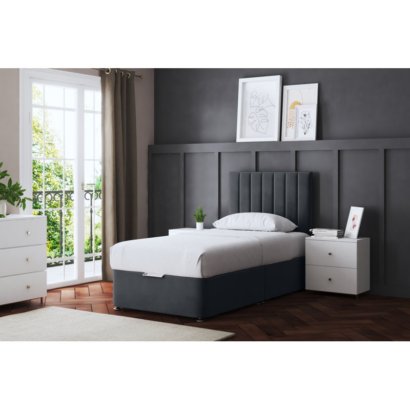  Upholstered Panel 2 Draw Divan Bed with Headboard, Grey, Small Single (2'6)
