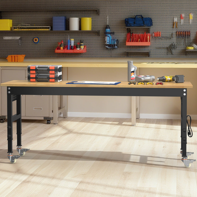 70'' Solid Wood Top Height-Adjustable Workbench with Wheels & Power Outlet & Pegboard, 40“ H x 70” W x 24" D