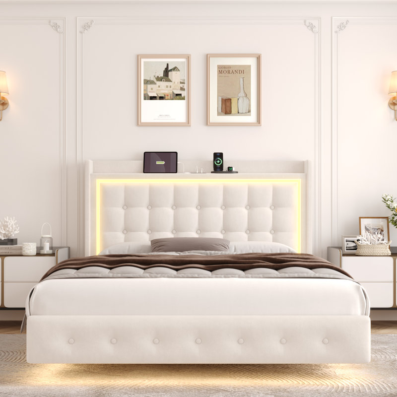 Upholstered Platform Bed with LED Lights, Charging Port, Floating Bed, Full, Beige