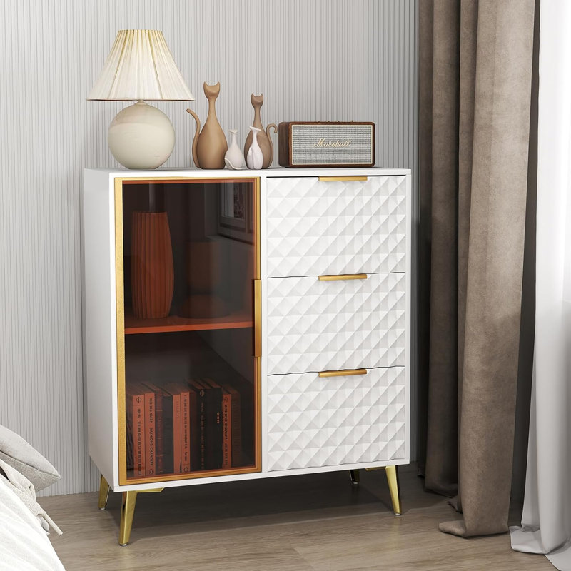 Buffet 31 po avec rangement, petite armoire de cuisine avec porte en acrylique et 3 tiroirs, armoire de rangement en bois pour la cuisine et le salon