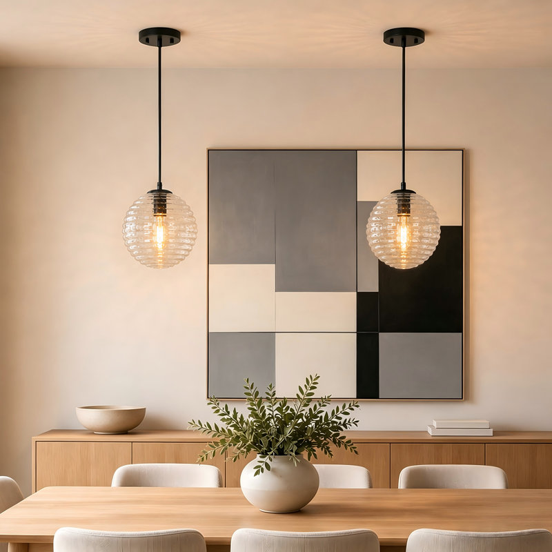 Luminaire suspendu 1 lumière à intensité variable avec globe en verre nervuré pour salle à manger (ensemble de 2)