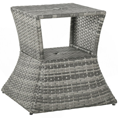 Rattan Wicker Side Table With Umbrella Hole, 2 Tier Storage Shelf For All Weather For Outdoor, Patio, Garden, Backyard