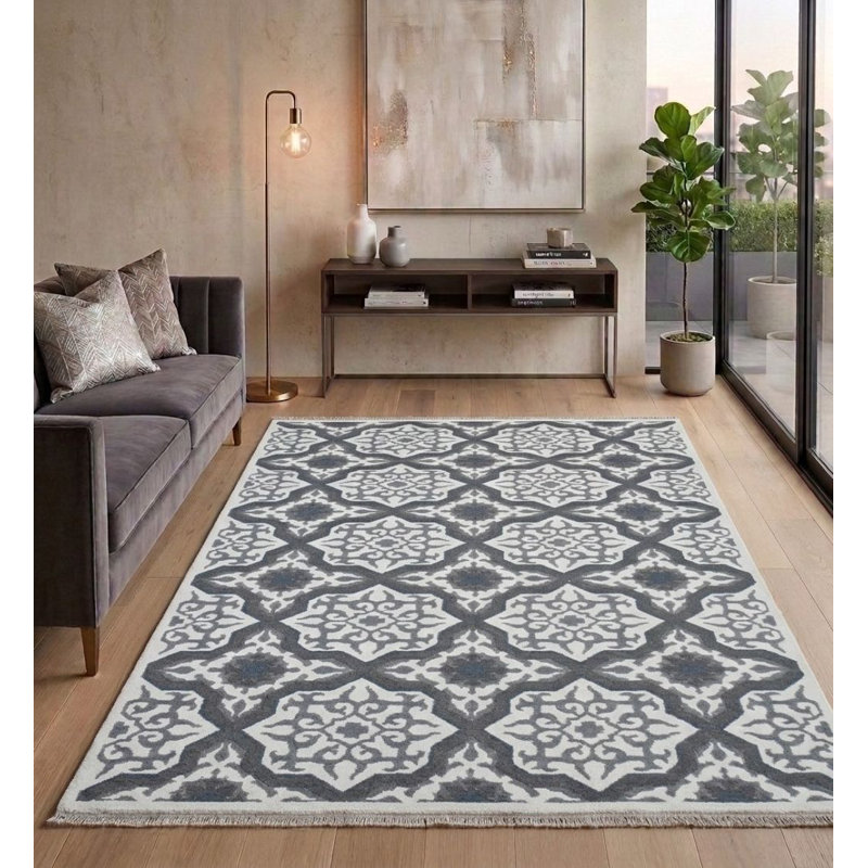 Tapis d'intérieur rectangulaire contemporain en laine nouée à la main, blanc anthracite, Rectangle 6 pi x 9 pi