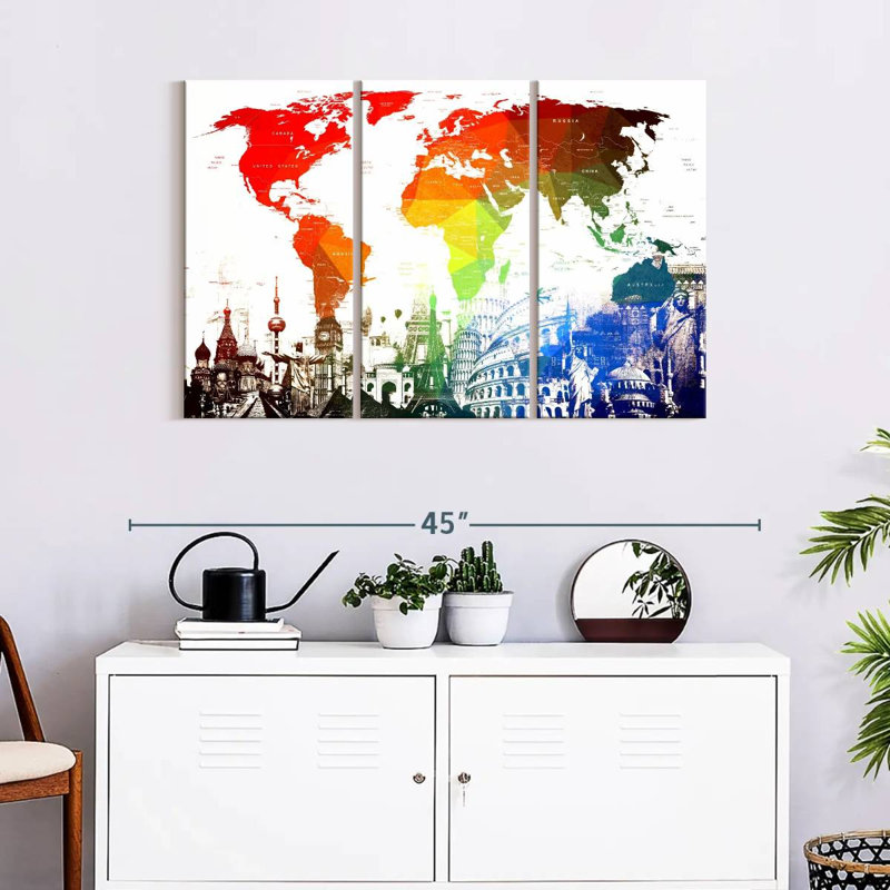 " Rainbow World Map " by Naomi Heart 3 - Pieces, 38" H x 24" W x 1.25" D