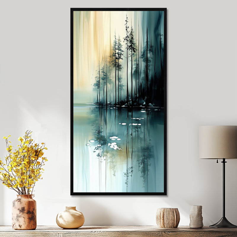 «Blue Green Quiet Mountain Lake Spring Horizon I - Blue River», reproduction d'art encadrée, H 32 po x l 16 po