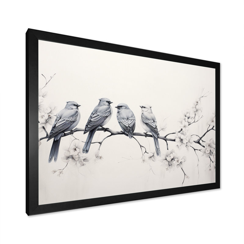 Birds On The Brink I - Art mural d'oiseaux pour le salon, H 34 po x l 44 po x P 1,5 po, Cadre simple noir