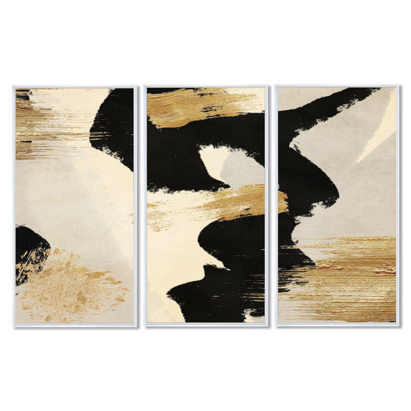 «Golden and Black Glam Collage II», reproduction sur toile 3 pièces, H 20 po x l 36 po x P 1 po, Encadrement blanc