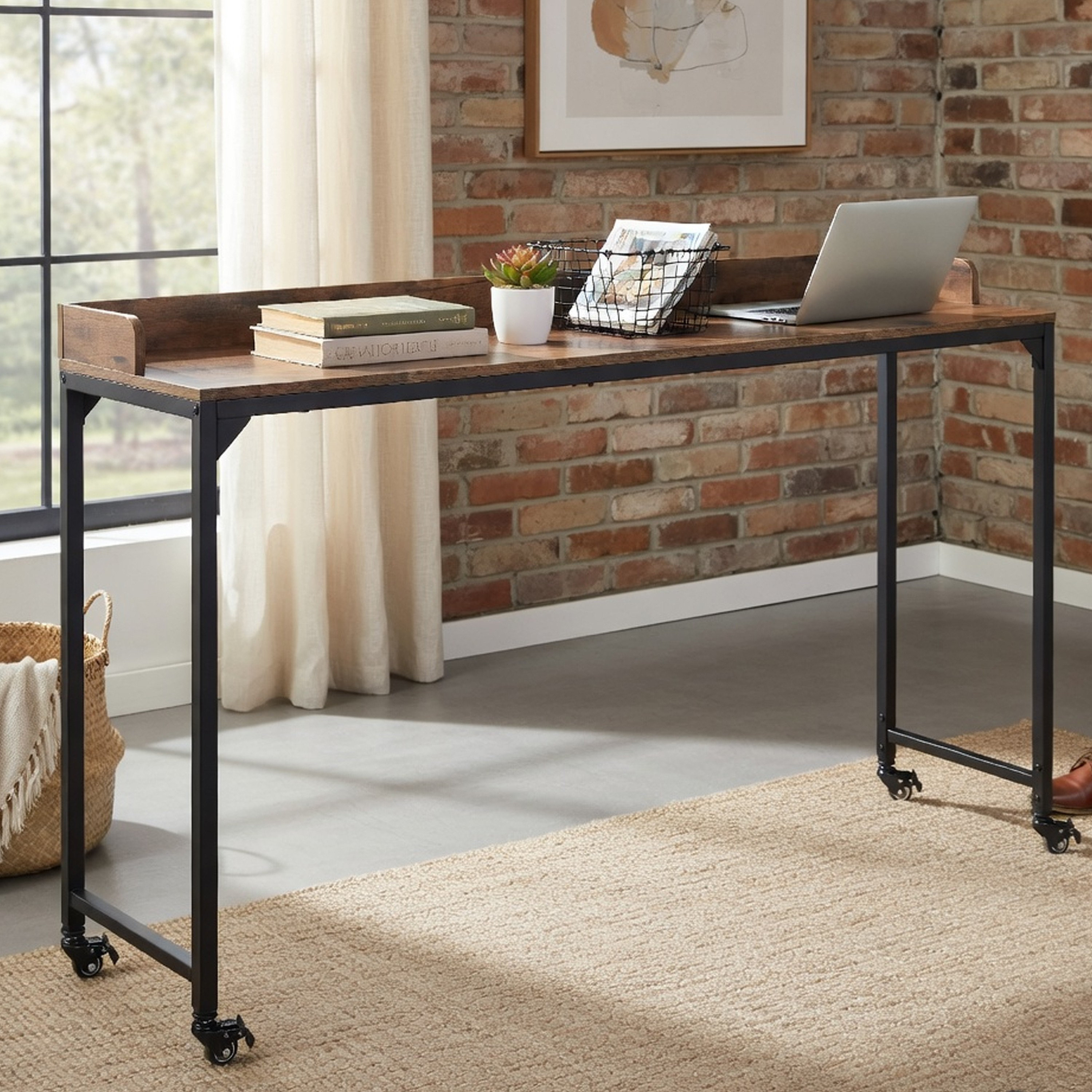 Benjara Sem Overbed Table, 72 Inch Rustic Brown Desk Top On Wheels ...