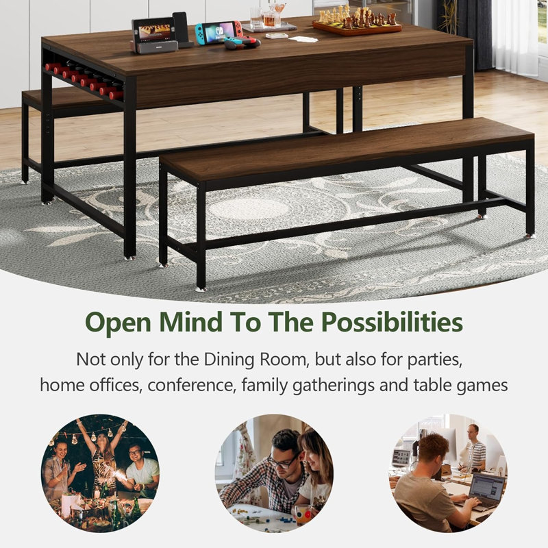 Walnut 63'' Dining Table Set with Benches and Wine Rack