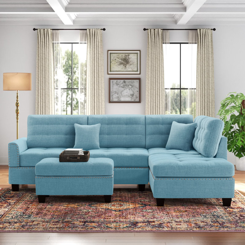 Canapé et méridienne de 104 po de large avec repose-pieds Castagne, Mélange de polyester bleu
