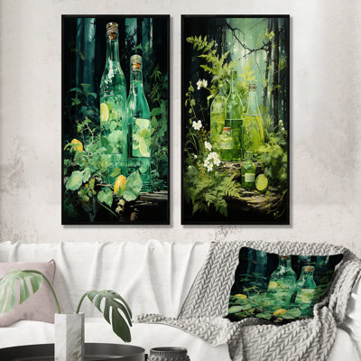 Green Bottled Melody - Bottled Beverage Canvas Wall Art Set Of 2