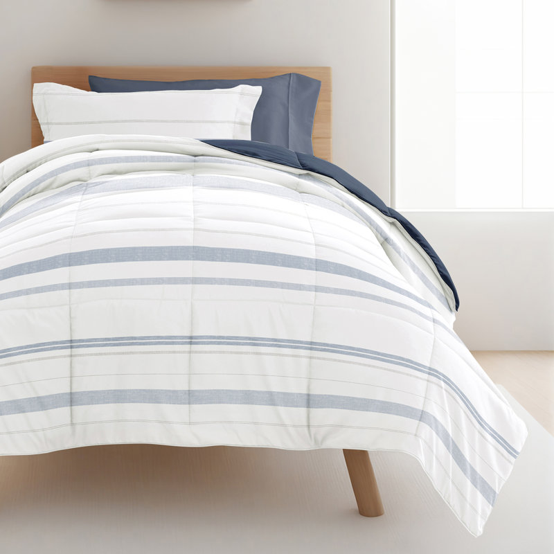 8-PC College Dorm Twin XL Bedding Bundle - Comforter Set, Sheet Set, Pillows and Laundry Bag, Stitched Stripe Stone