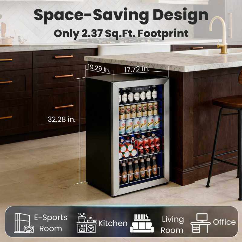 IUDommy 17.8'' W 150 Cans 2.4 Cubic Feet Freestanding/Built-In Wine & Beverage Refrigerator With Glass Door, Silver, Silver