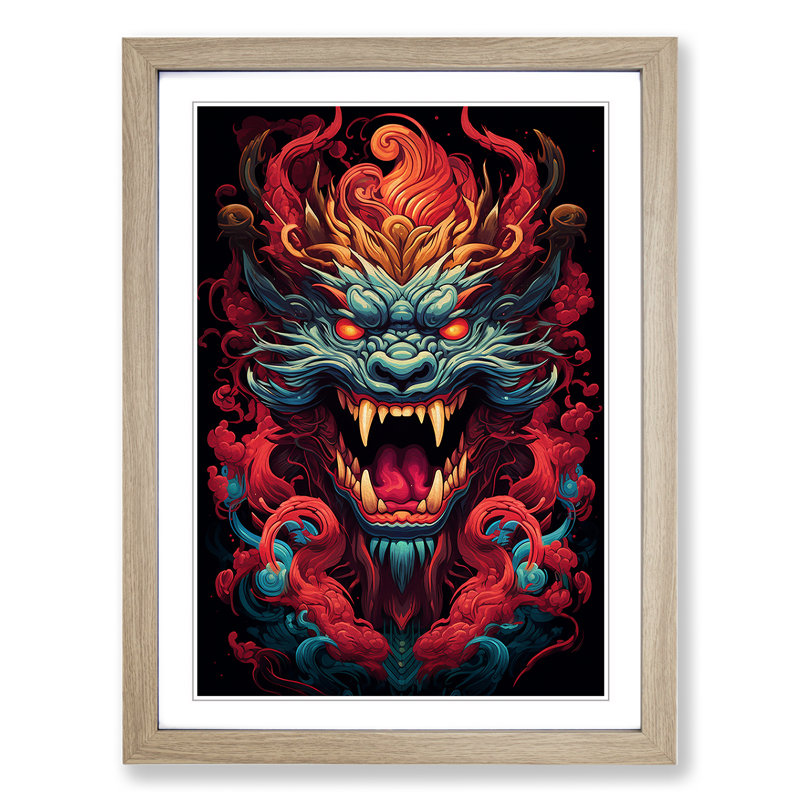 Chinese Dragon Geometric No.2 - Single Picture Frame Print on Wood, Oak , 34cm H x 25cm W x 2cm D