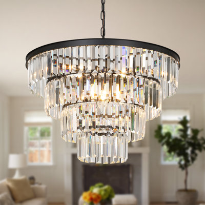 23 in. 6-Light Matte Black Modern Crystal Chandelier with Adjustable Hanging Height, Sloped Ceiling Compatible for Living Room, Dining Room & Bedroom