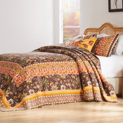 Greenland Home Fashions Audrey Chocolate 3-Piece Bedspread Set 120"x118" Queen Size Microfiber Jacobean Floral with 2 King Shams