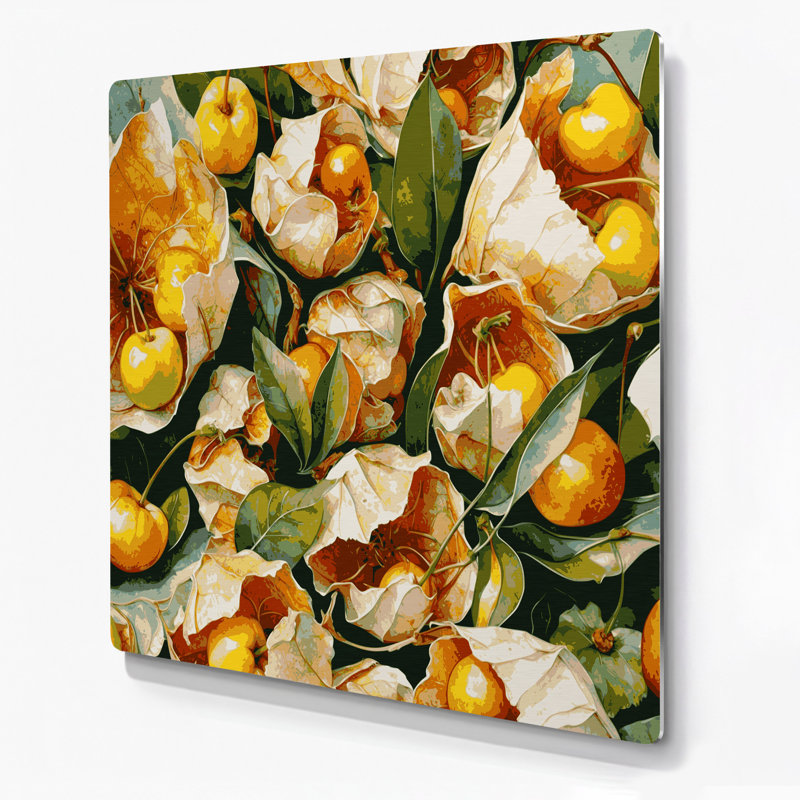 Art mural en métal fruitier cerise beige, H 16 po x l 16 po
