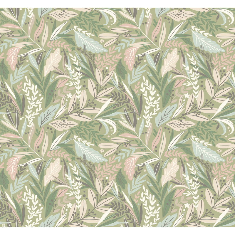 Patterned Leaves Linen & Sage - 3 Drop Repeatable Wall Mural, Linen/Sage