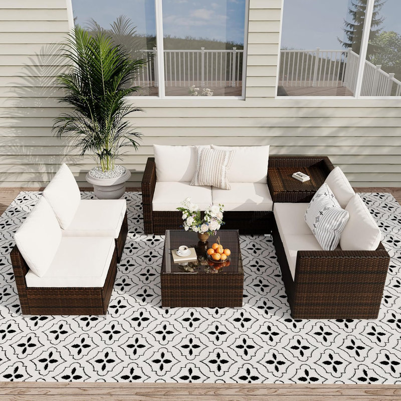 Ensemble de mobilier d'extérieur 8 pièces, ensembles de conversation en rotin avec coussins, table basse et boîte de rangement, ensemble modulaire d'extérieur pour terrasse