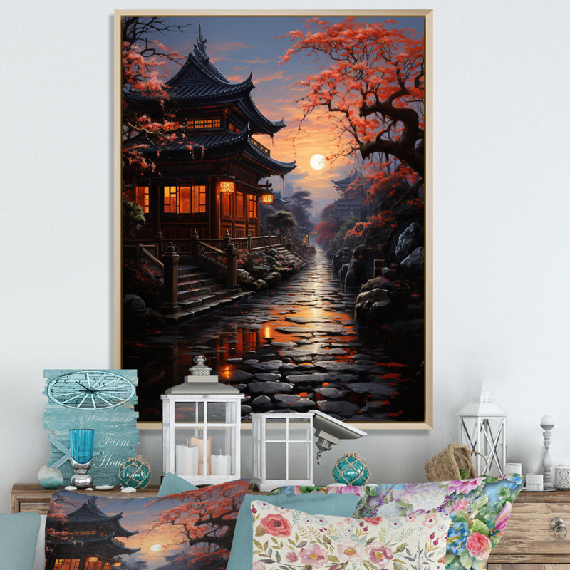 Cèdre du Japon, sanctuaire d'art au crépuscule I - impression, H 20 po x l 12 po x P 1 po, Cadre naturel flottant