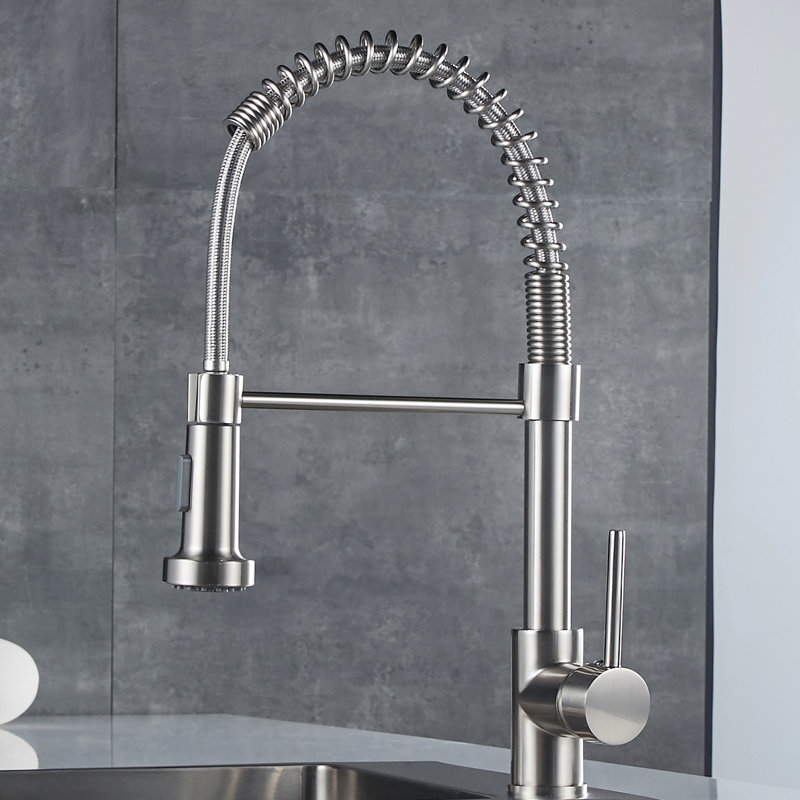 Commercial Kitchen Sink Faucet With Pull Down , Brushed Nickel, Single Handle, 360 Rotatable Ring Faucet, Nickel Finish, Handle Lever, Degree Spout