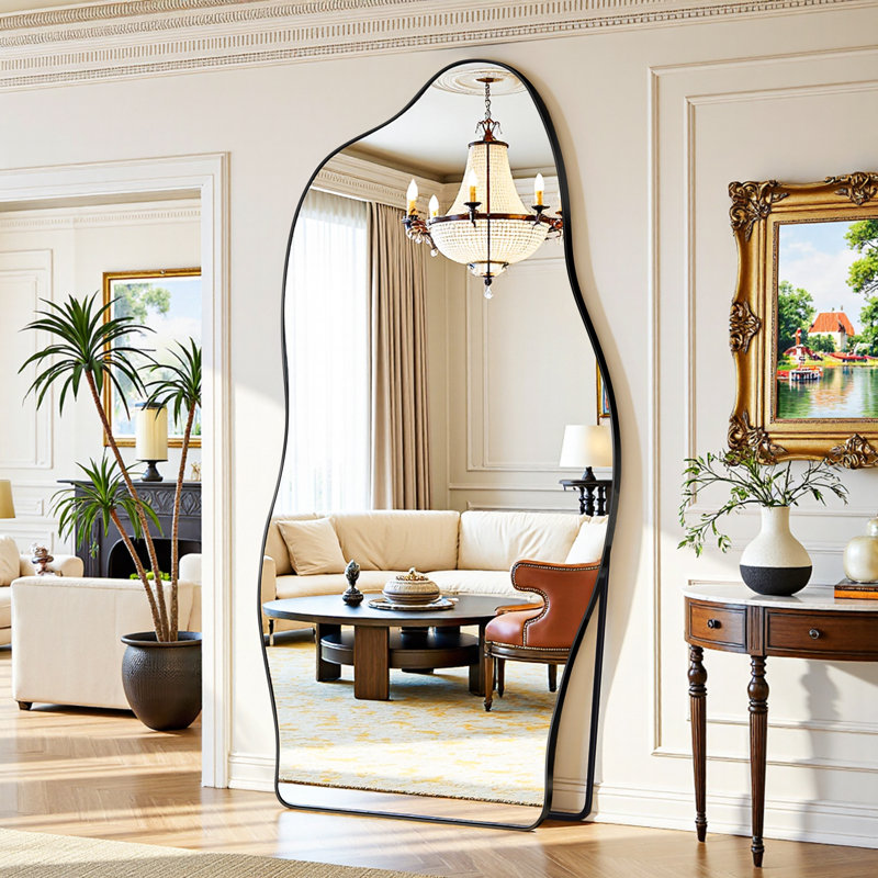 Full Length Mirror, Wavy Shaped Floor Mirror With Stand, Decorative Irregular Leaning Or Hanging Mirror For Bedroom, Living Room Entryway Decor