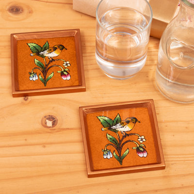 Handmade Sweet Songbird Reverse Painted Glass Coasters (Pair)