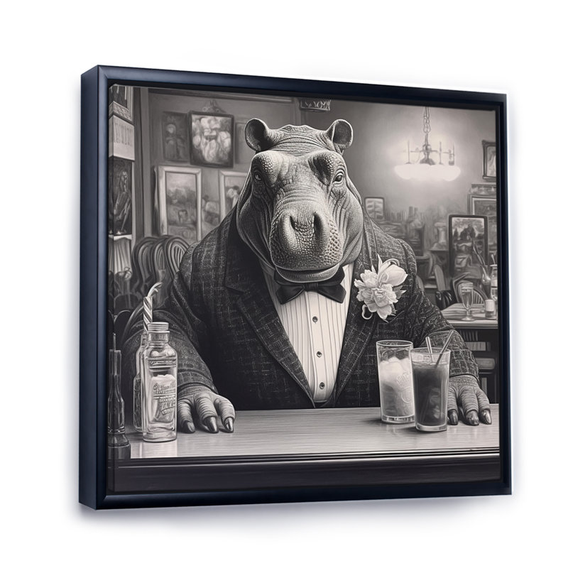 «Rhino Have A Drink II» sur toile, H 30 po x l 30 po x P 1 po, Cadre flottant noir