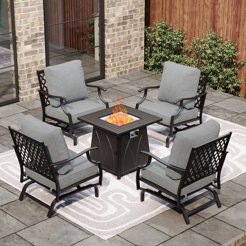 Asfand 4 - Person Outdoor Seating Group with Rocking Lounge Chairs&  Firepit Table, Gray
