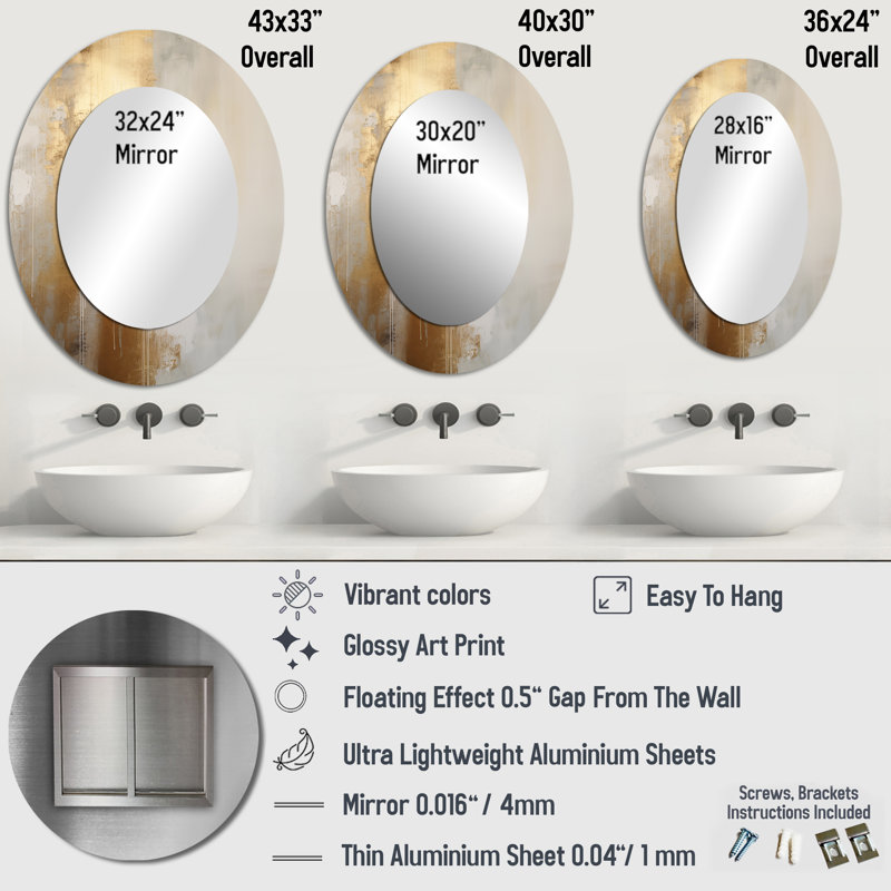 Minimal Gold And Beige Abstract River IV - Beige Traditional Oval Wall Mirror, 43" x 33"