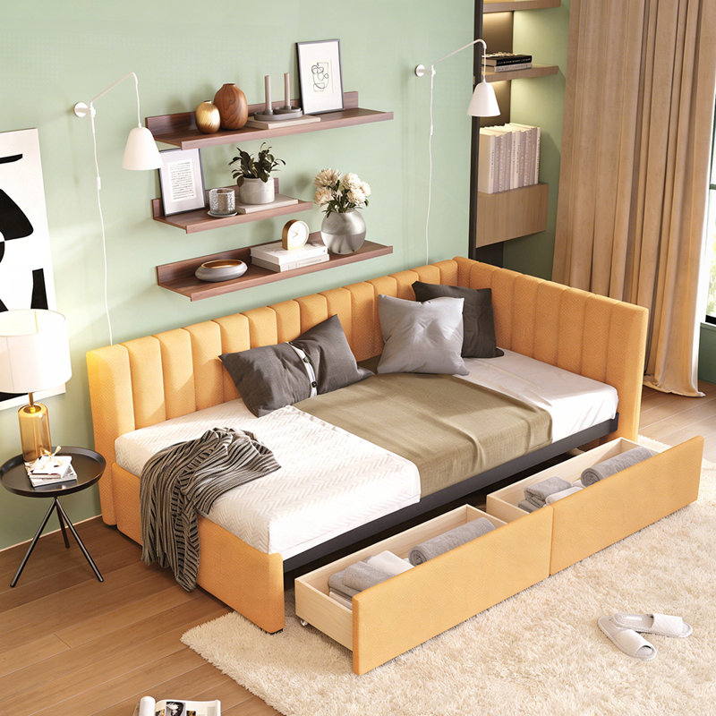 Linen Upholstered Daybed with 2 Storage Drawers, No Box Spring Needed, Ideal for Modern and Space-Efficient Living, Twin