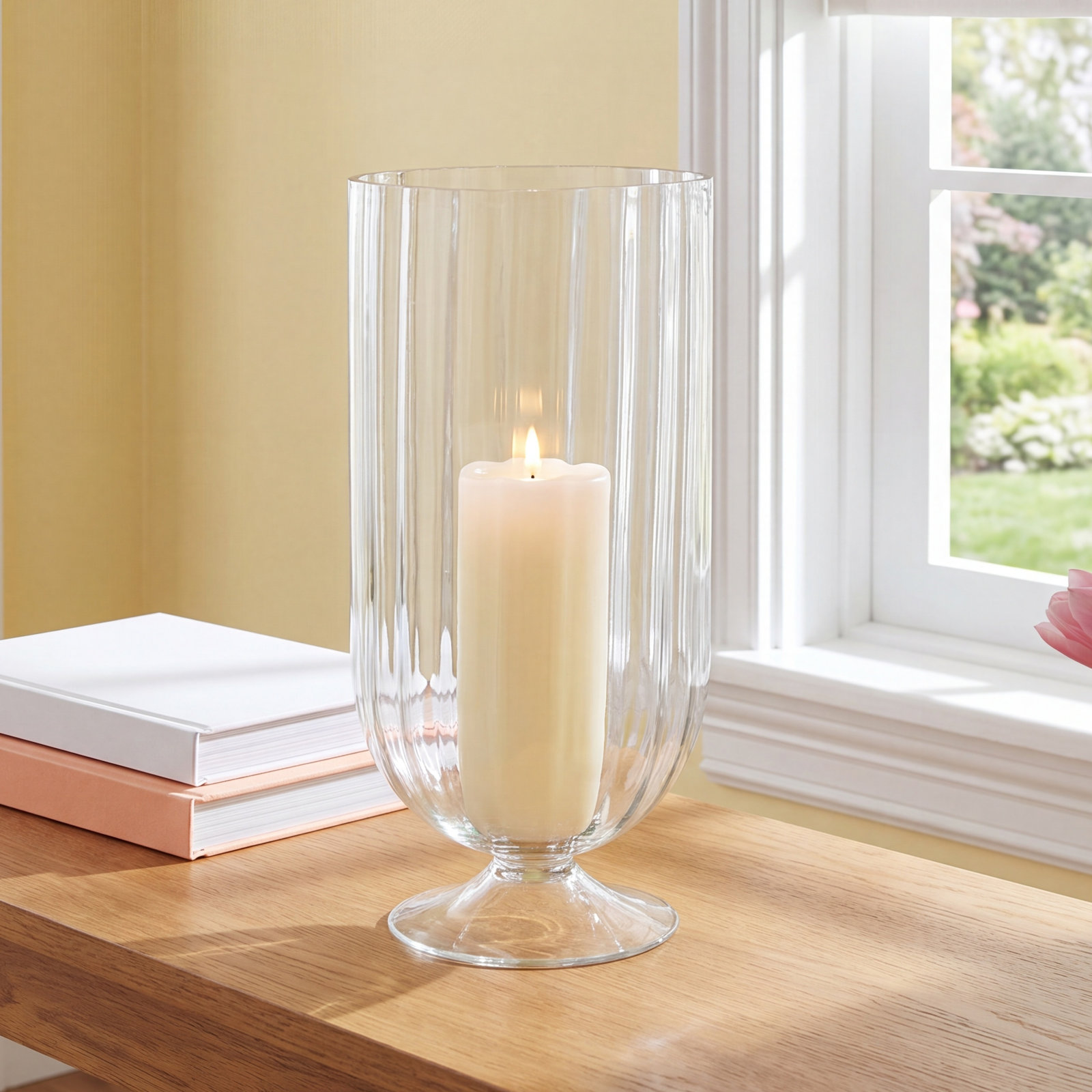 Cole And Grey Glass Ribbed Candle Holder With Elevated Base, 13'' H X 6.25'' W X 6.25'' D